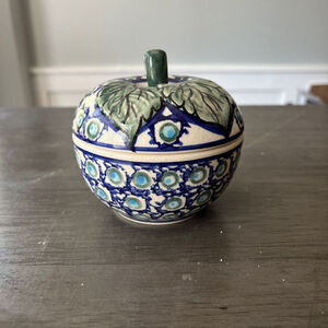Handmade Polish pottery Apple Baker Dish Boleslawiec Blue White Green